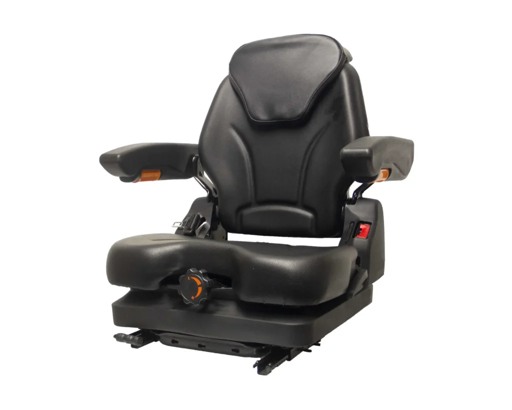 Operator Presence Switch, Slides, Retractable Seat Belt, Document Pouch, Arms, Headrest, Vinyl, Black